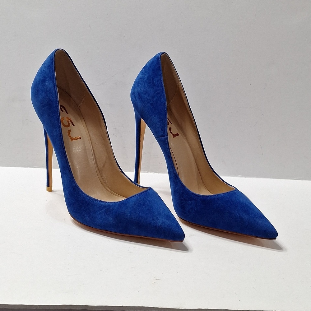 FSJ NWOB Blue Suede Streetwear Night Out Pointed Toe Stiletto Pump Heels Size 7 - Picture 3 of 15